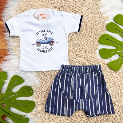 Conj. Camiseta Country Club e Bermuda Listrada - Branco e Marinho